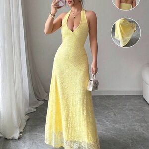 Chic Yellow Backless Lace Dress